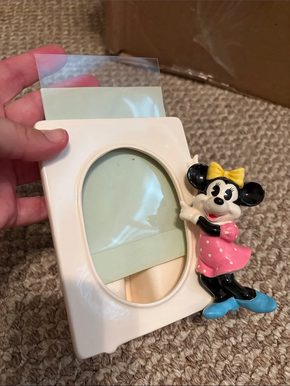 Vintage White Ceramic Photo Frame with Pink Accent Figurine